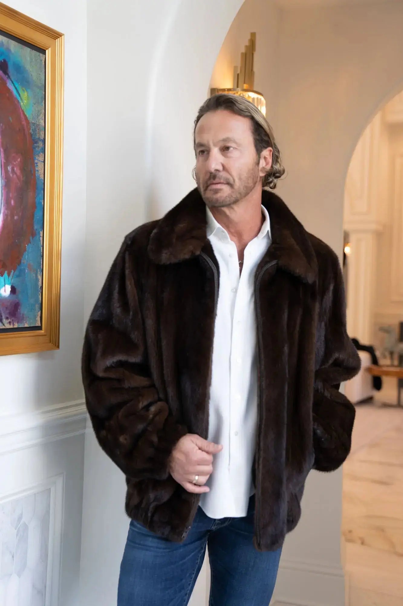 Men's Mahogany Full Skin Mink Bomber Jacket