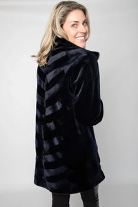 Navy Sheared Mink Stroller with Long Hair Collar and Chevron Design