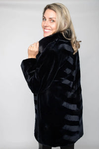 Navy Sheared Mink Stroller with Long Hair Collar and Chevron Design