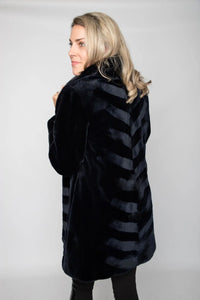 Navy Sheared Mink Stroller with Long Hair Collar and Chevron Design