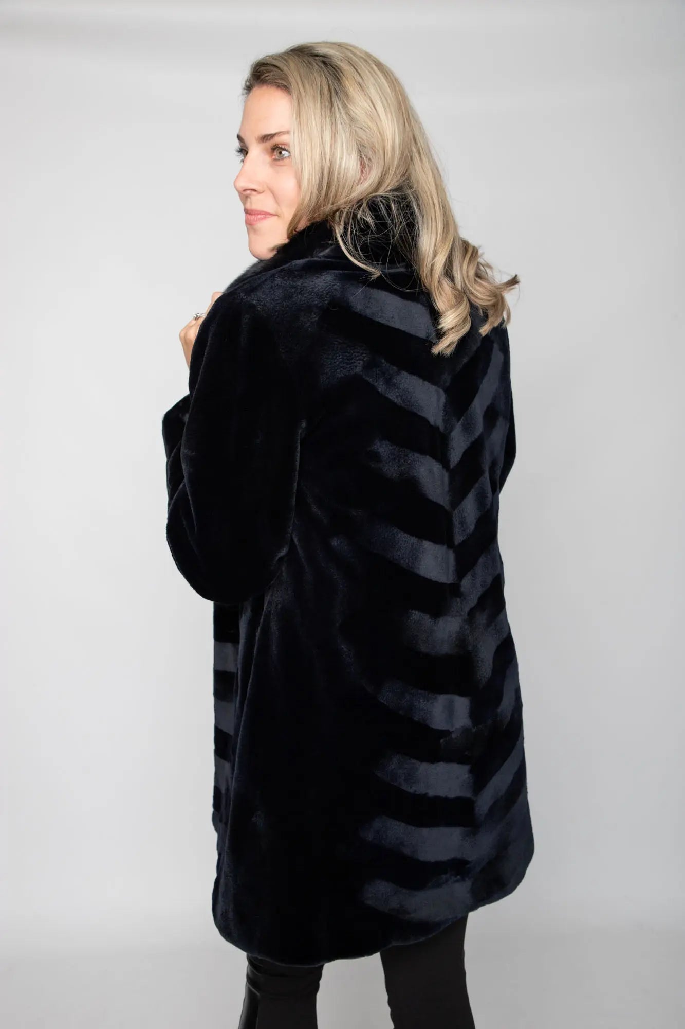 Navy Sheared Mink Stroller with Long Hair Collar and Chevron Design