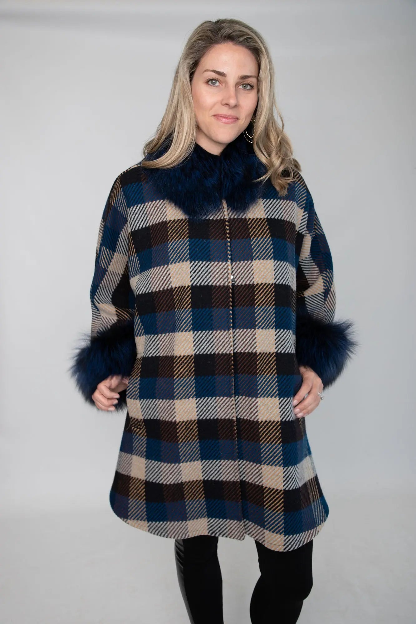 Navy and Beige Square Wool Cape with Dyed Fox Trim