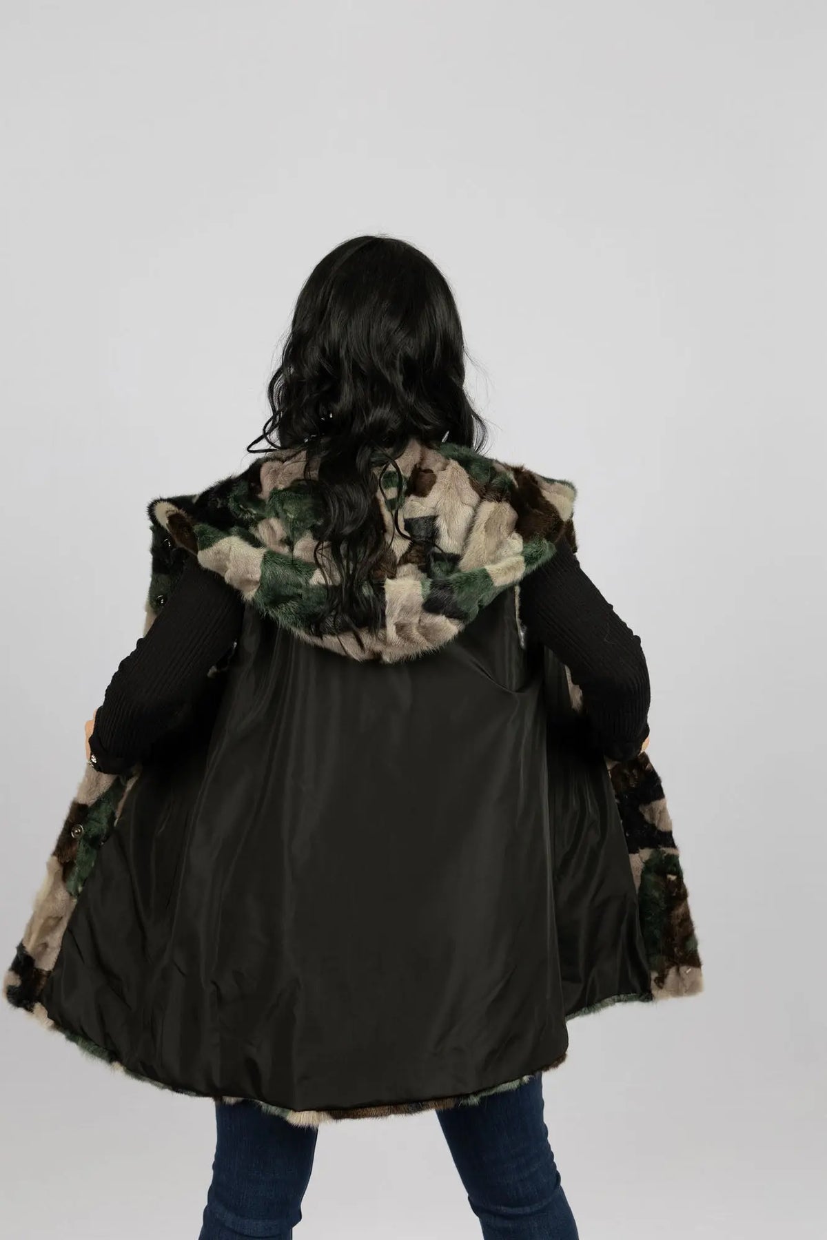 Pieced Mink Camouflage Vest Reversible to Black Taffeta
