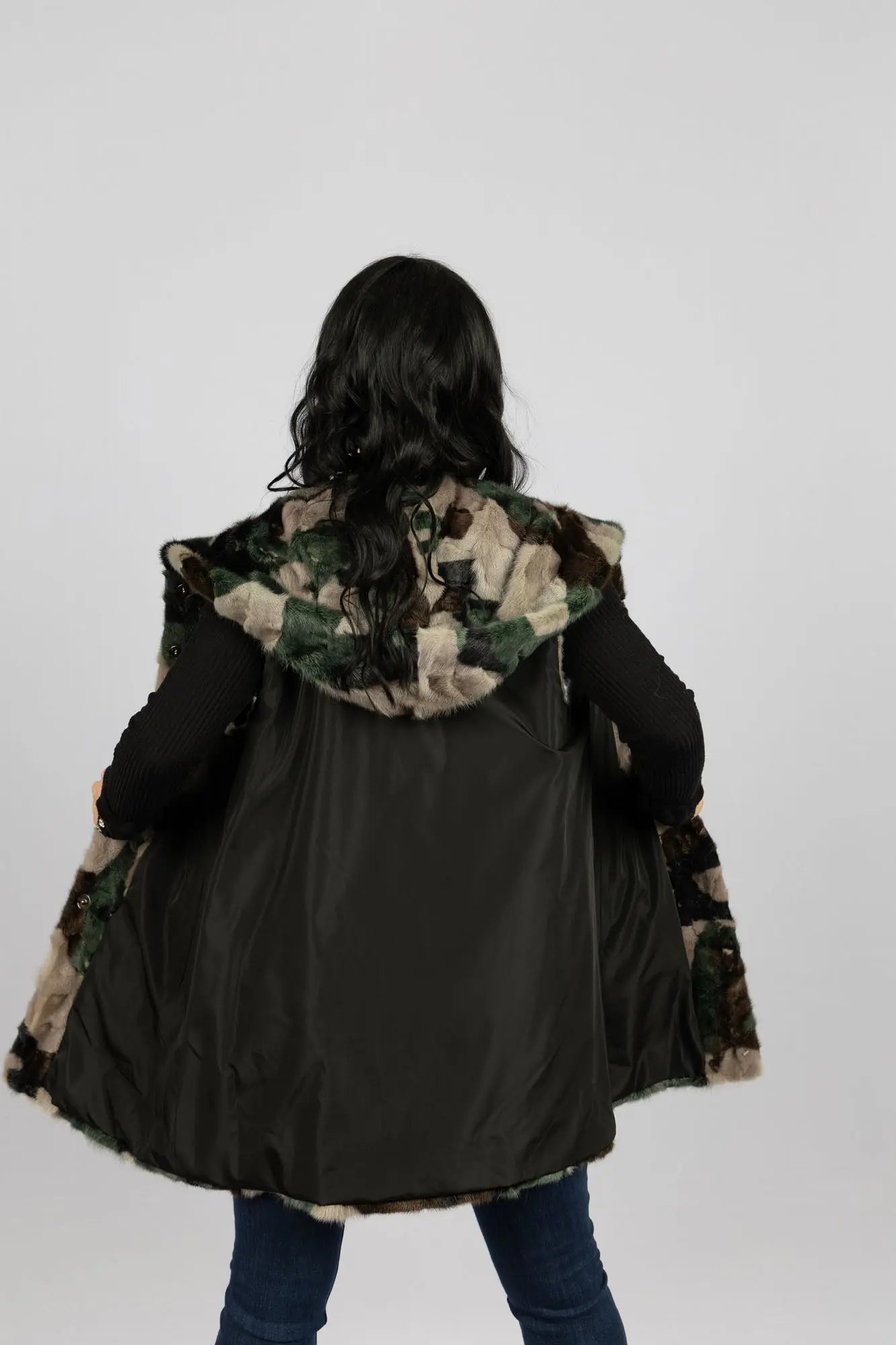 Pieced Mink Camouflage Vest Reversible to Black Taffeta