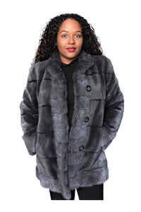 Grey Dyed Sheared Mink Reversible Jacket with Long-Hair Mink Trim