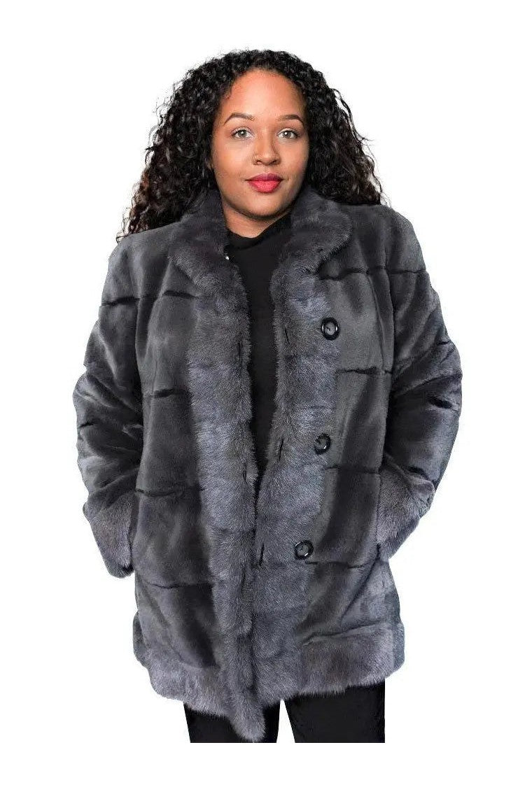 Grey Dyed Sheared Mink Reversible Jacket with Long-Hair Mink Trim
