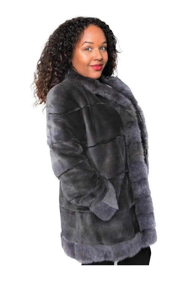 Grey Dyed Sheared Mink Reversible Jacket with Long-Hair Mink Trim