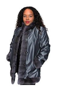 Grey Dyed Sheared Mink Reversible Jacket with Long-Hair Mink Trim