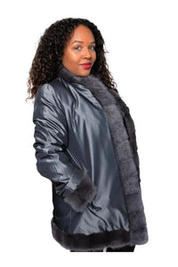 Grey Dyed Sheared Mink Reversible Jacket with Long-Hair Mink Trim