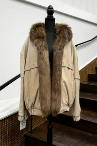 Vintage Beige Bomber With Long Hair Beaver Liner