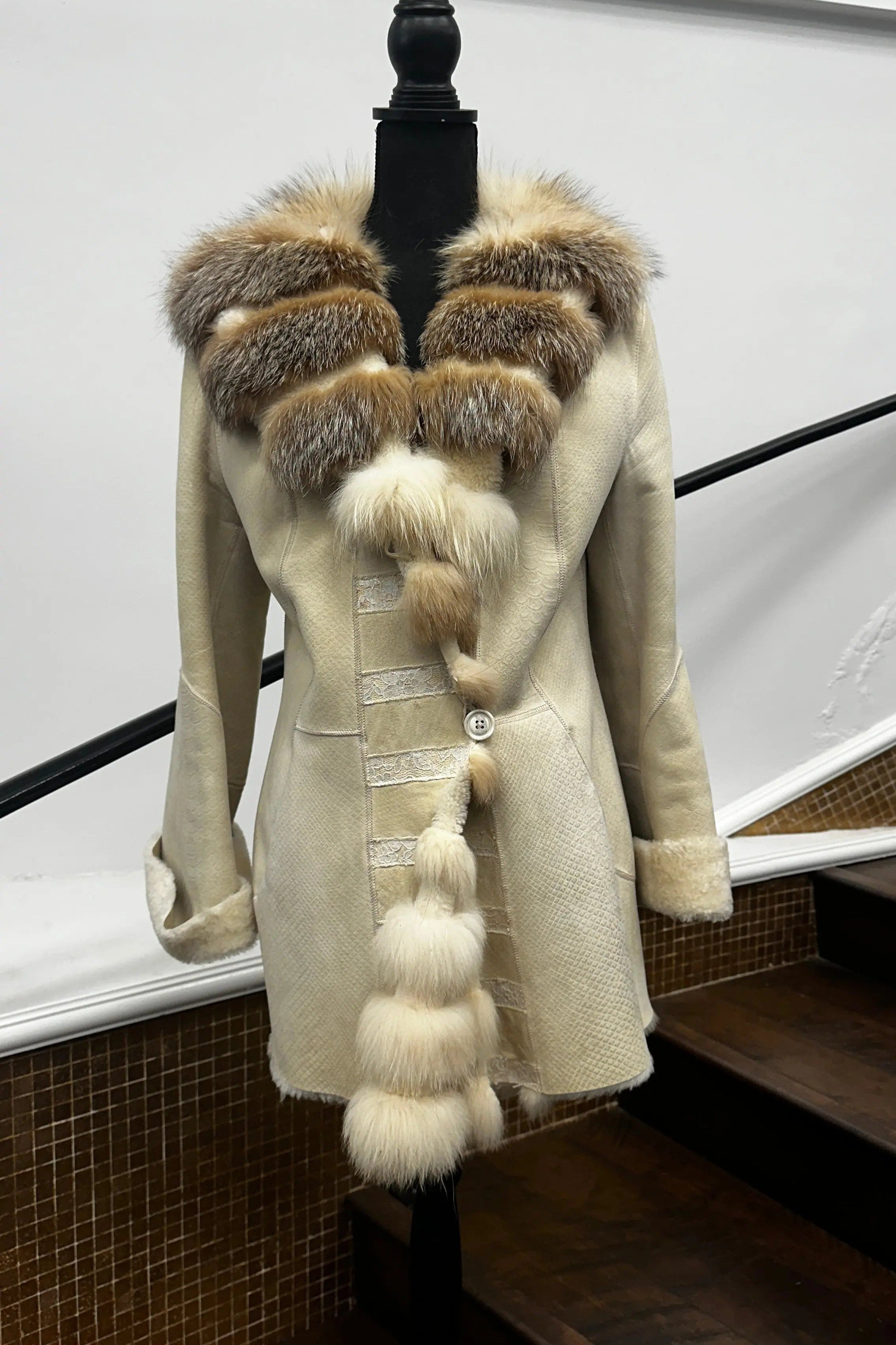 Vintage Beige Shearling with Crystal Fox Collar & Tuxedo Front