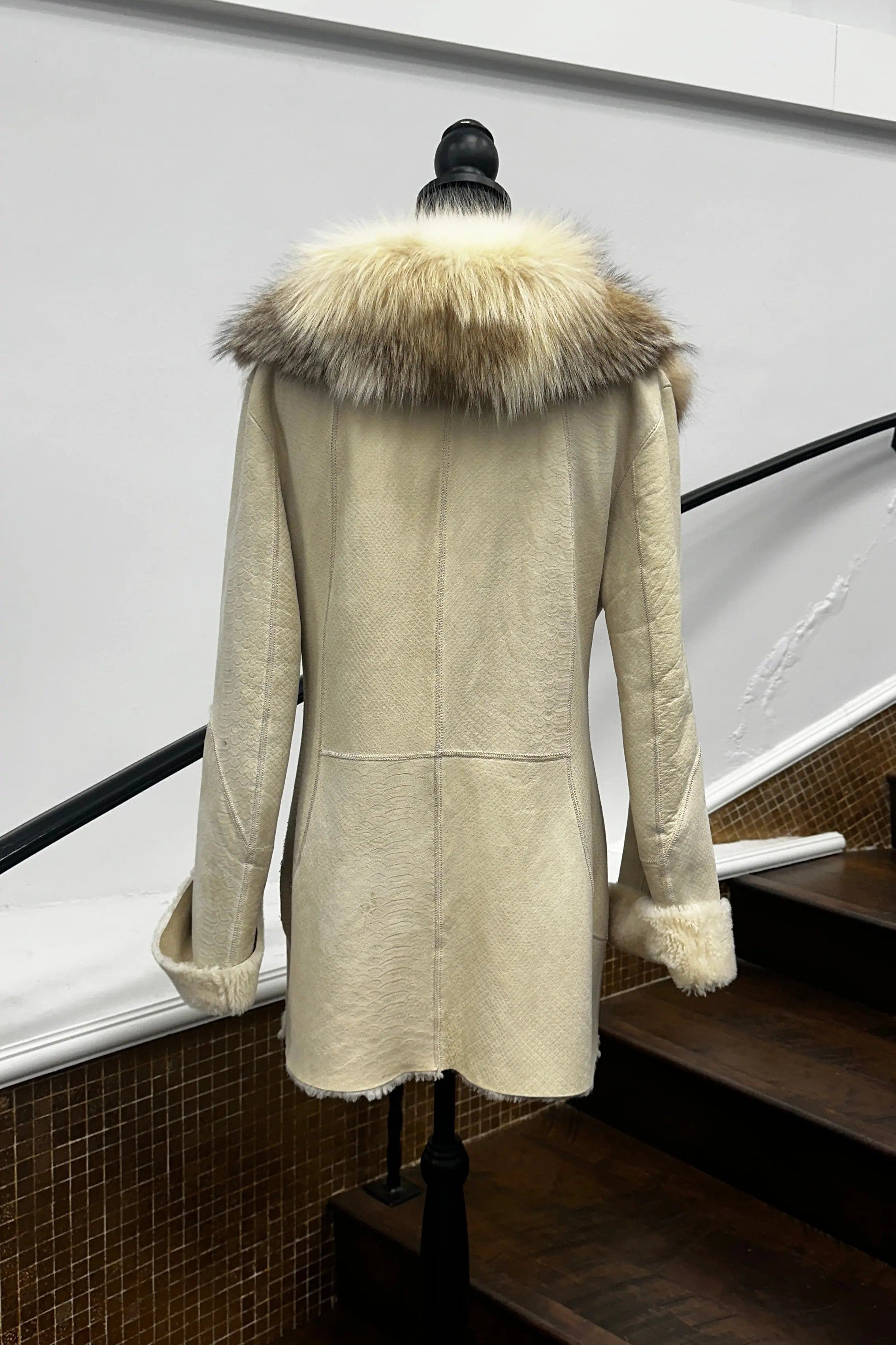 Vintage Beige Shearling with Crystal Fox Collar & Tuxedo Front