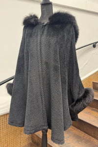 Vintage Black Wool Cape with Fox Trim