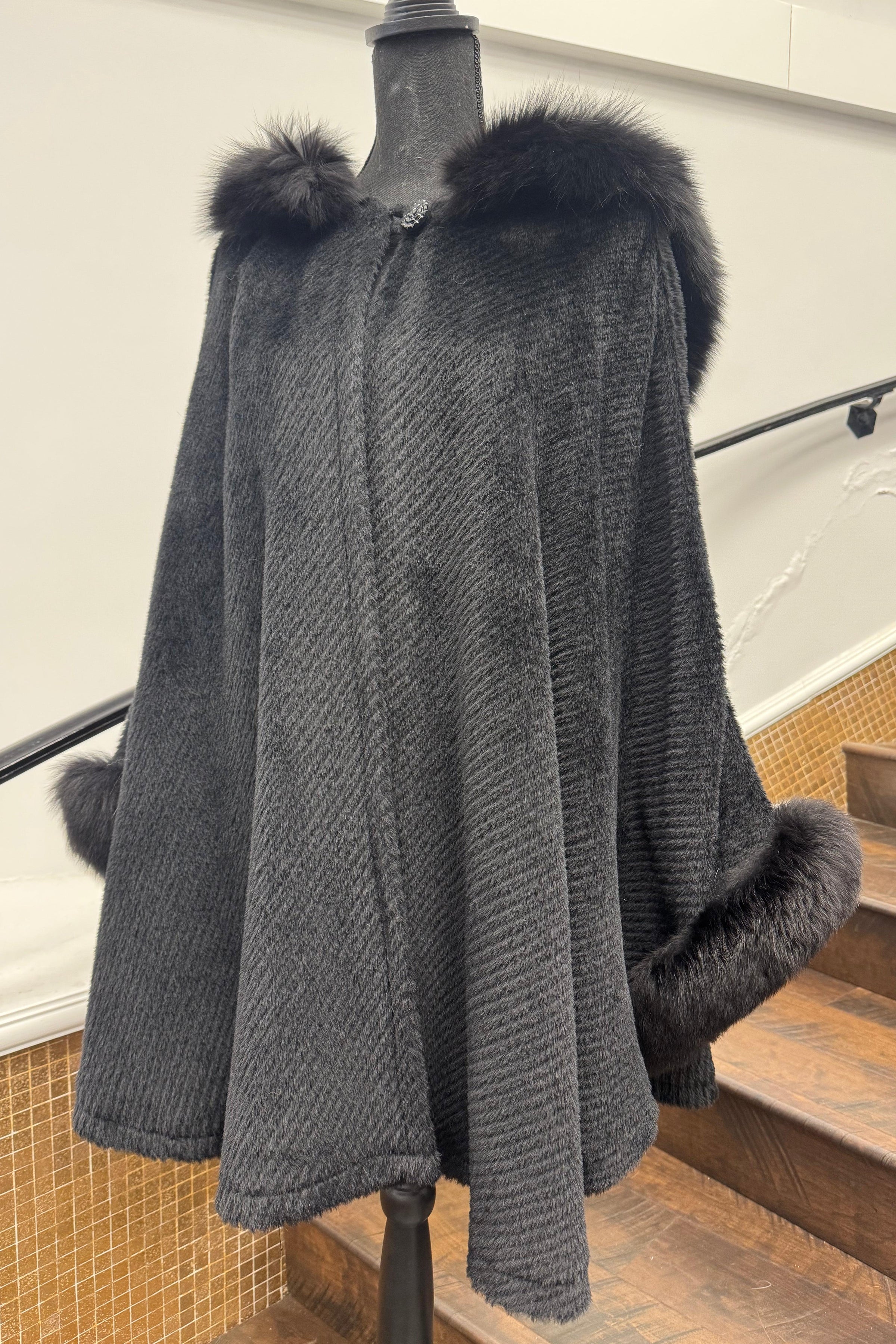 Vintage Black Wool Cape with Fox Trim