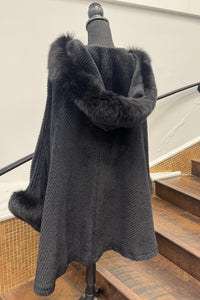 Vintage Black Wool Cape with Fox Trim