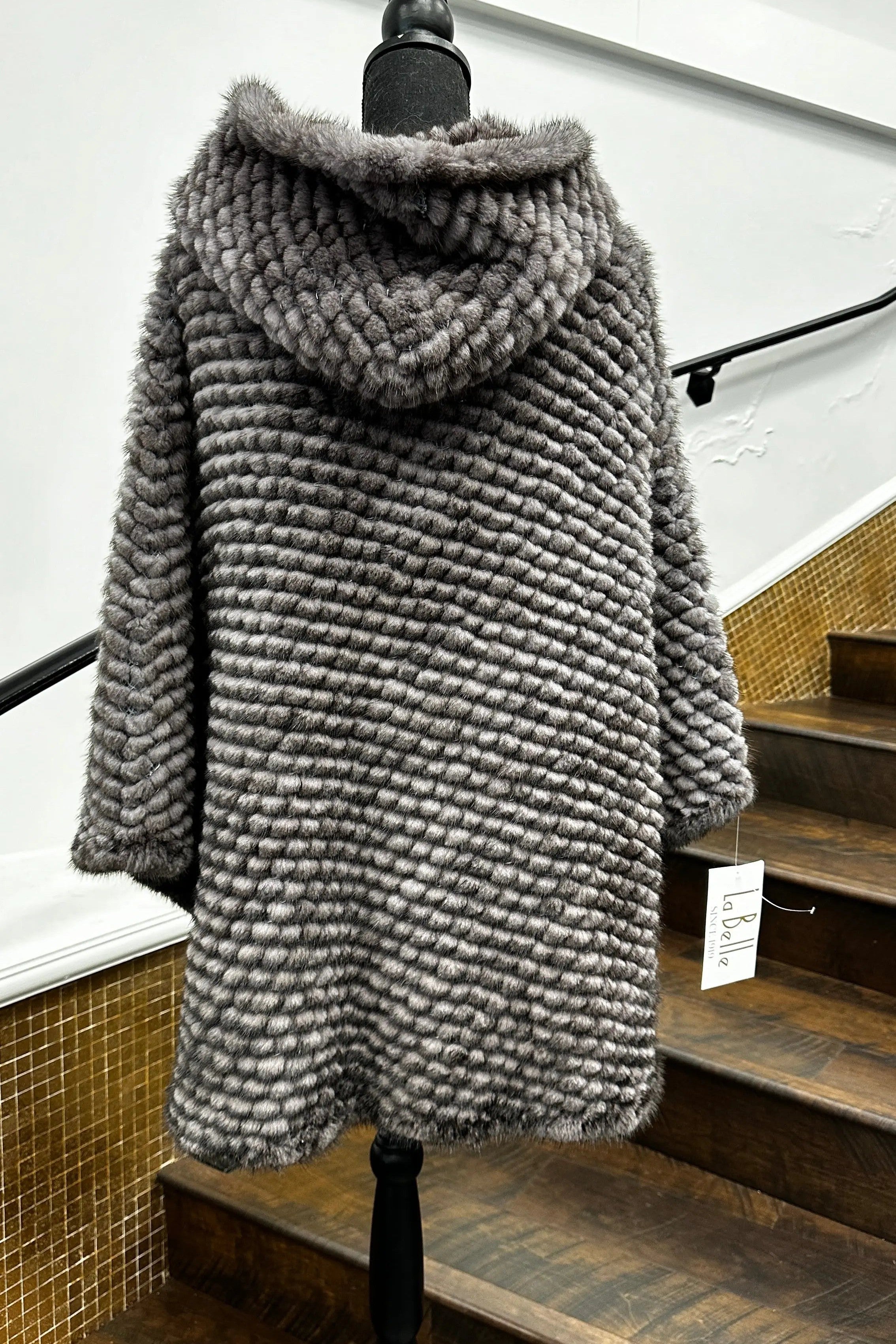 Vintage Knitted Grey Mink Cape with Hood