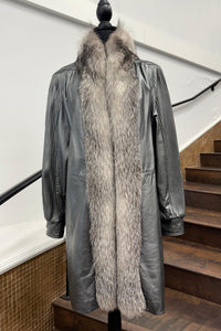 Vintage Silver Leather Coat with Fox Tuxedo