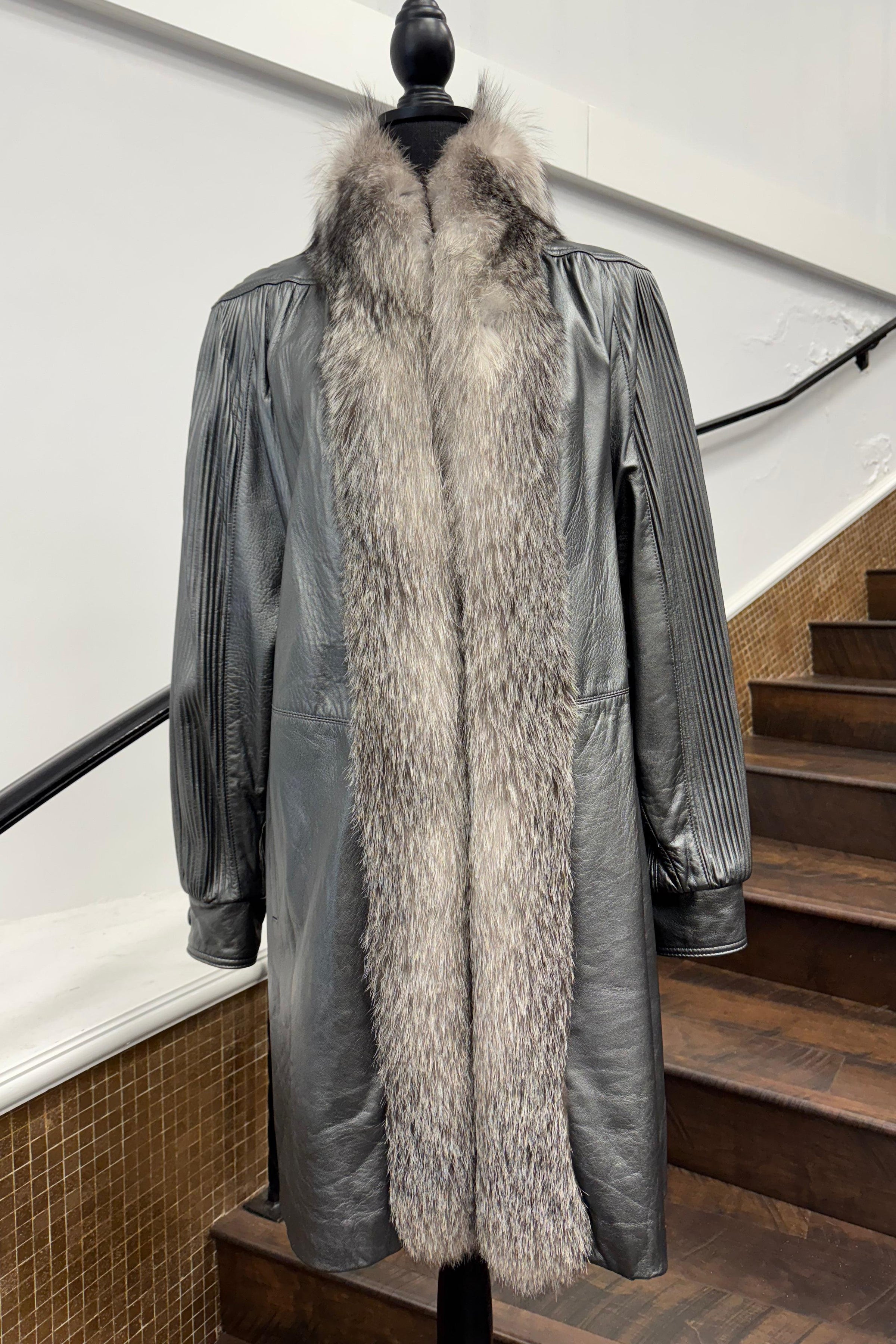 Vintage Silver Leather Coat with Fox Tuxedo
