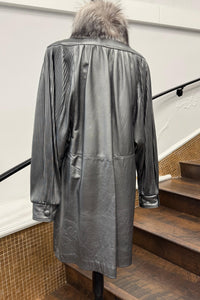 Vintage Silver Leather Coat with Fox Tuxedo