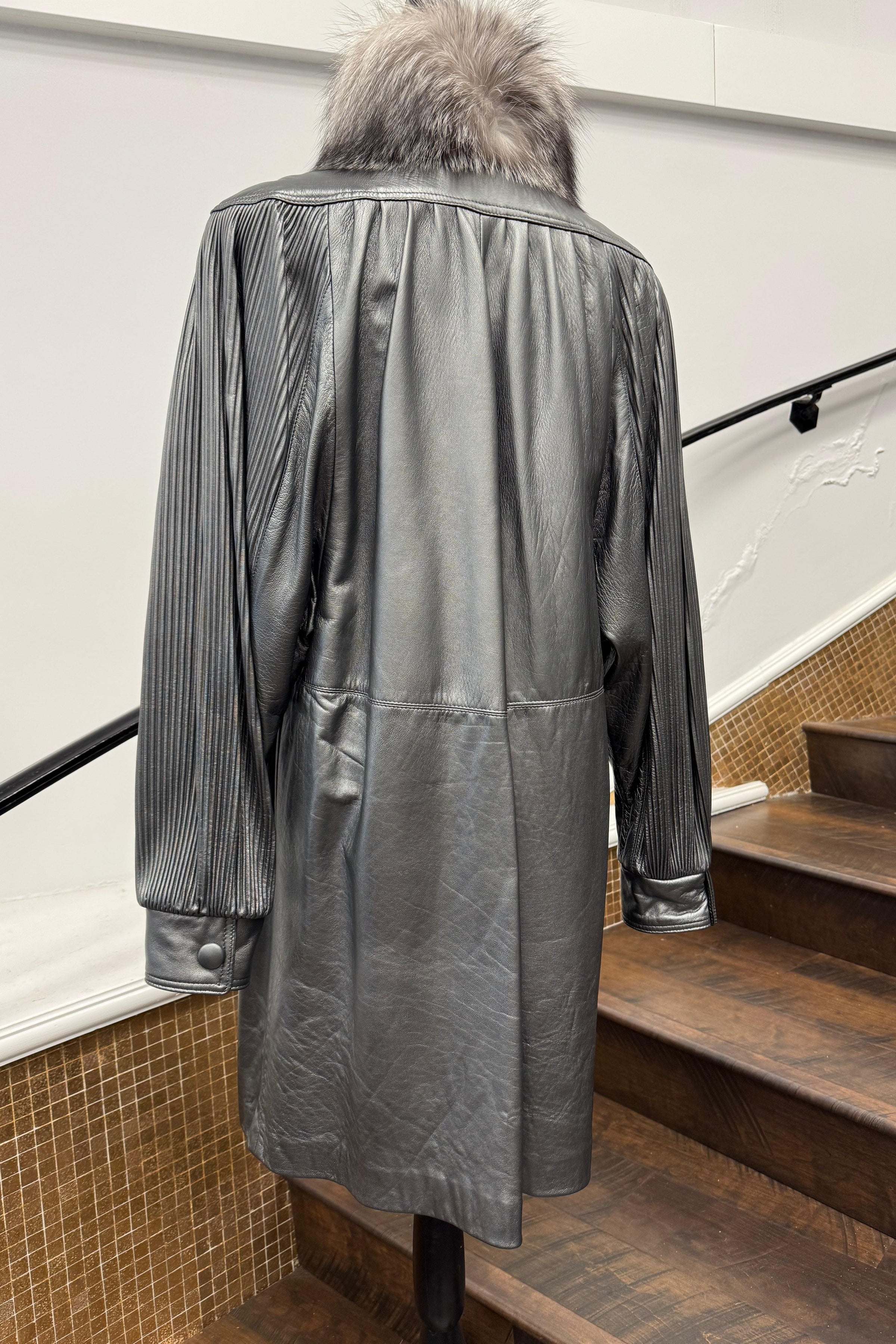 Vintage Silver Leather Coat with Fox Tuxedo