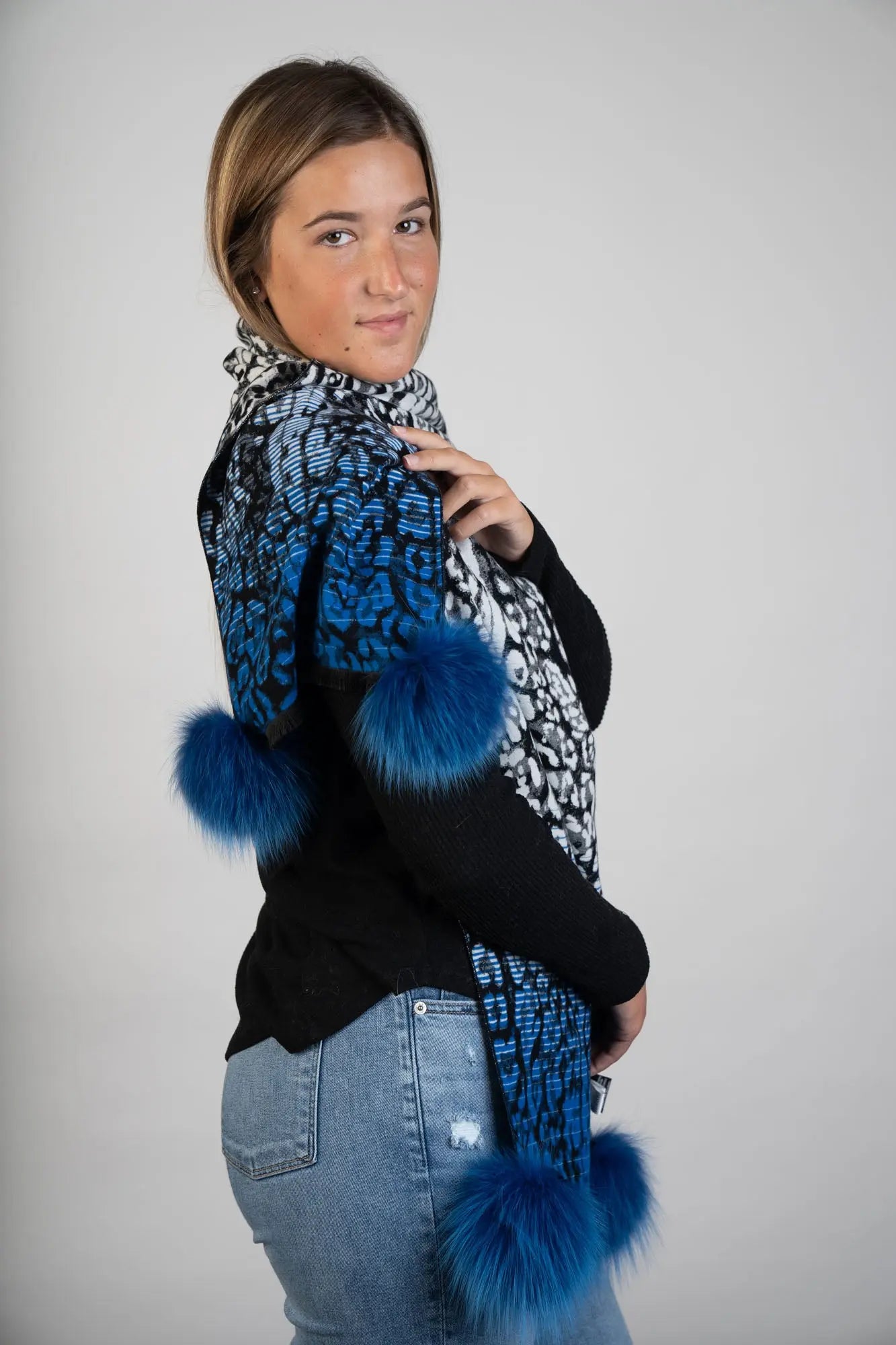Electric Blue Woven Leopard Print Scarf w/ PomPoms