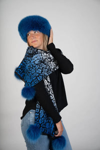Electric Blue Woven Leopard Print Scarf w/ PomPoms