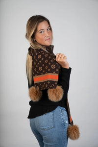 Knitted Scarf W/Monogram/Poms