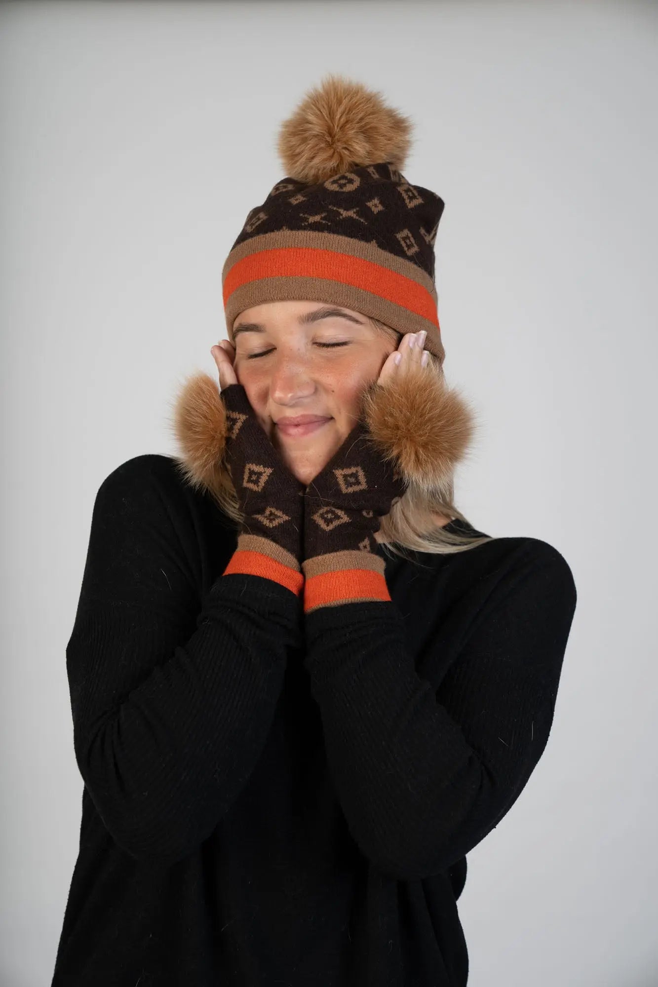 Knitted Scarf W/Monogram/Poms