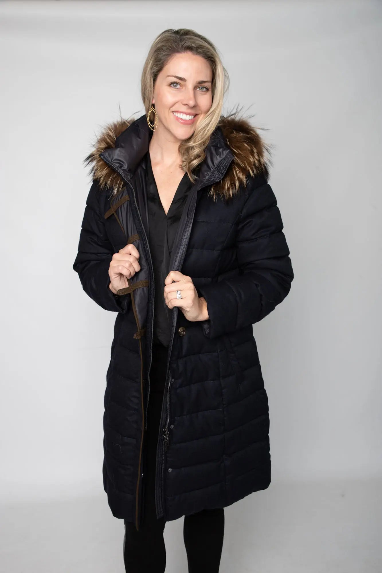 Navy Anouschka Coat w/ Raccoon Trim