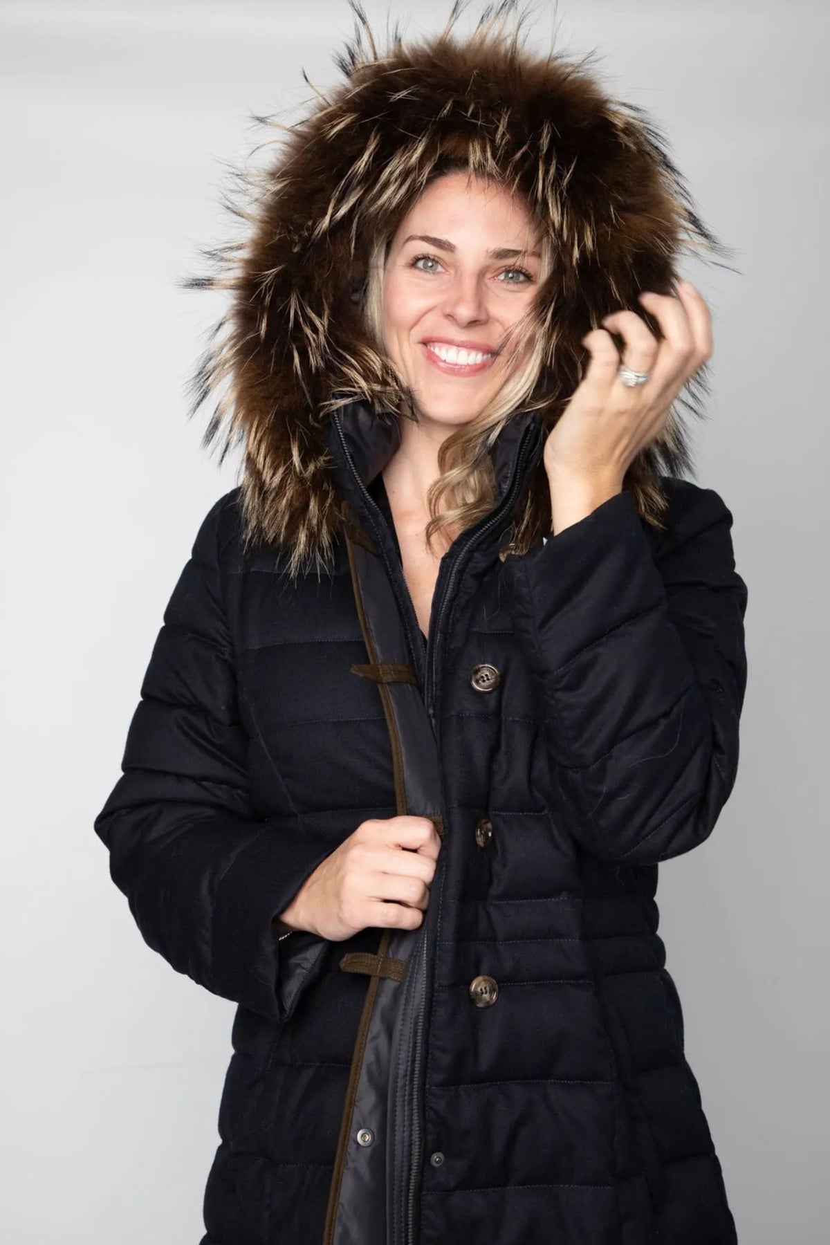 Navy Anouschka Coat w/ Raccoon Trim