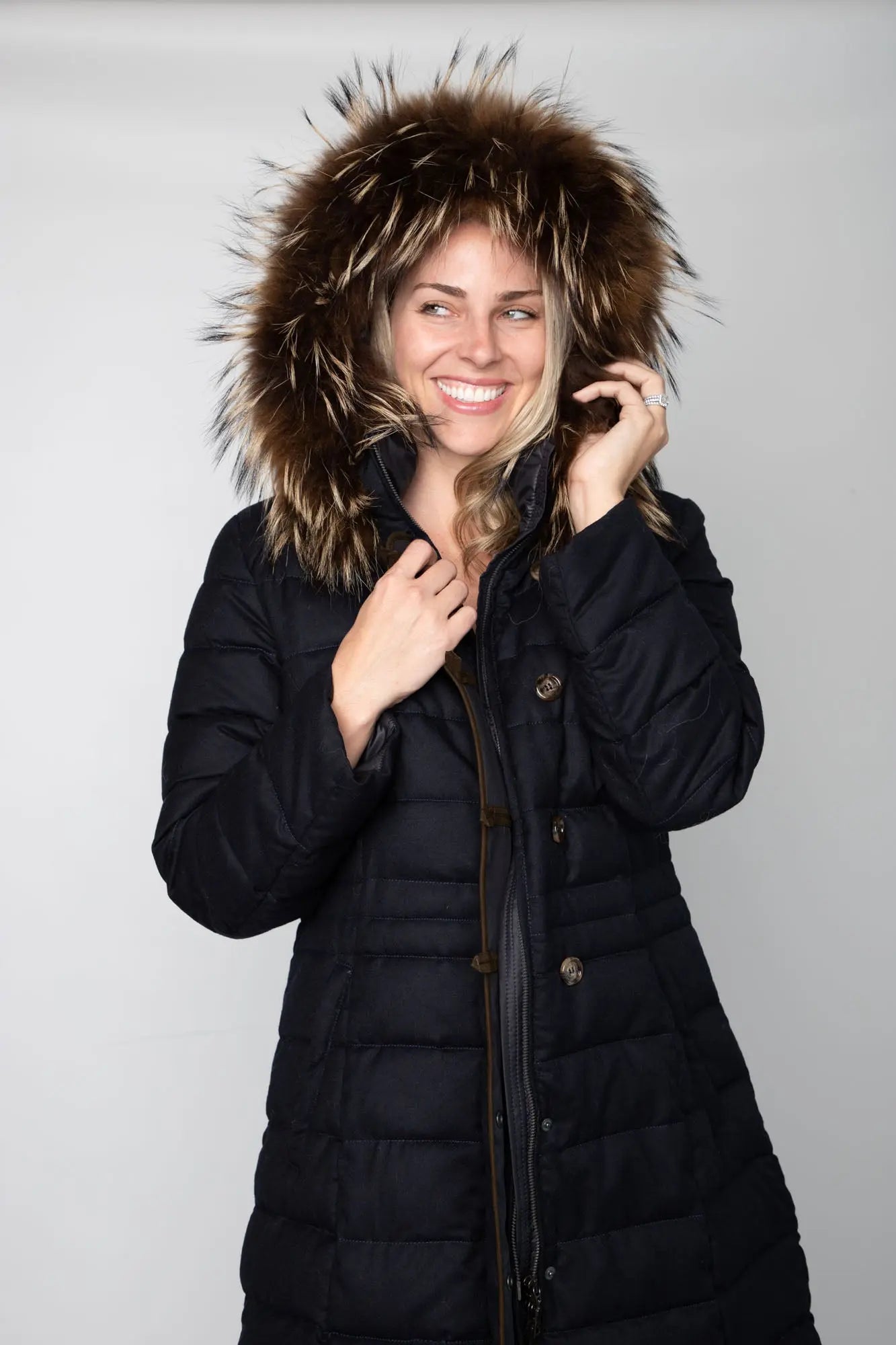 Navy Anouschka Coat w/ Raccoon Trim