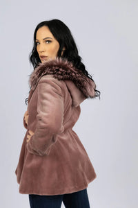 Dyed Rose Petal Sheared Mink Jacket with Fox Trimmed Hood