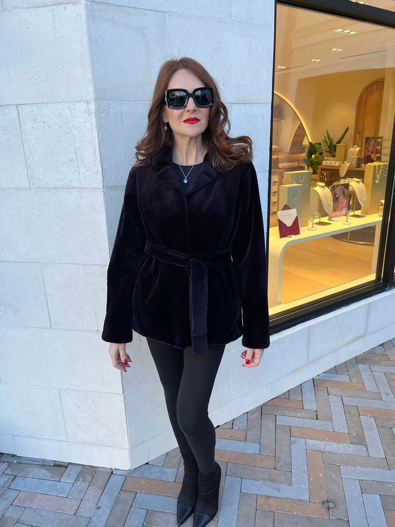 Imperial Purple Sheared Mink Belted Jacket