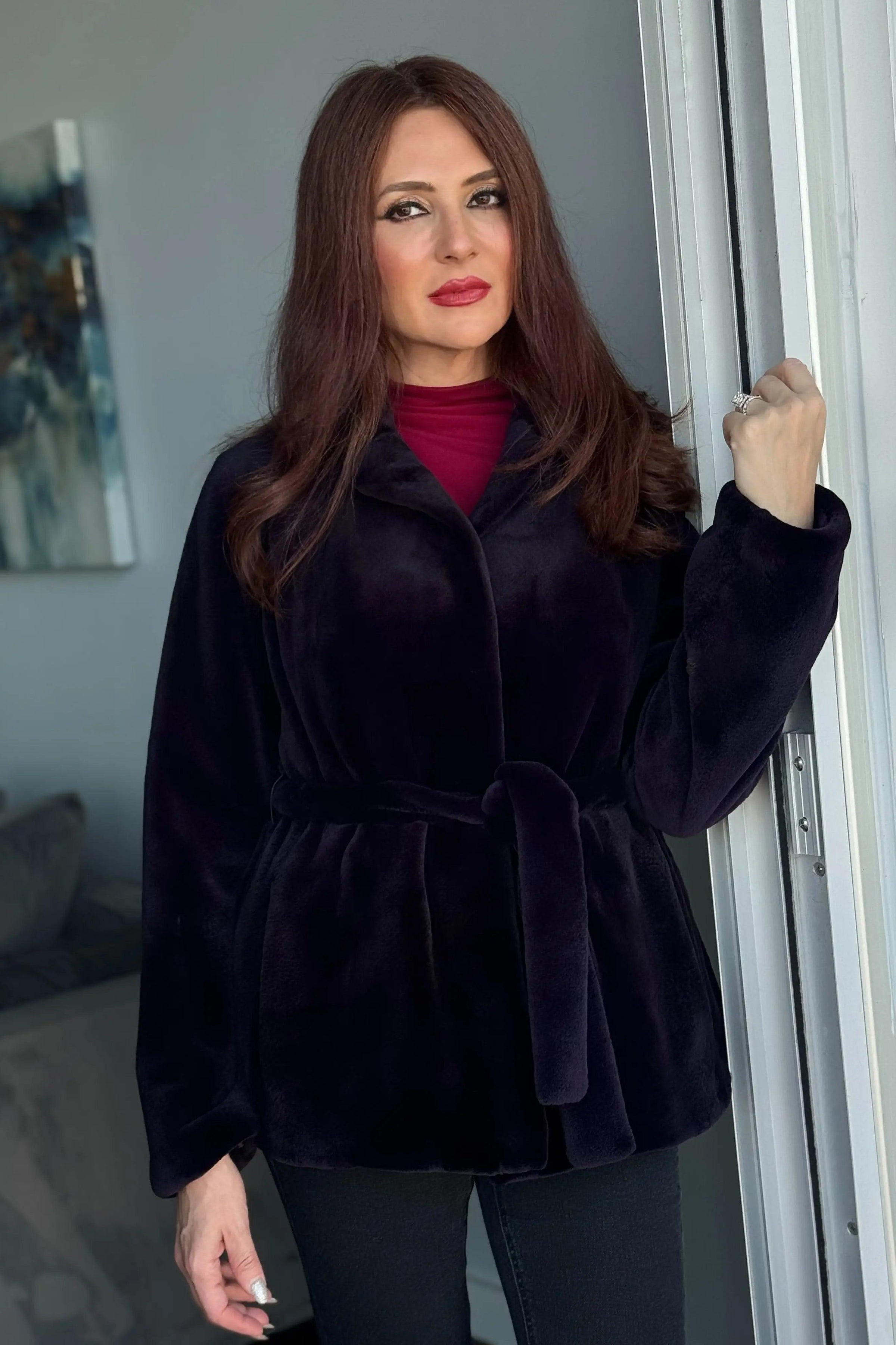 Imperial Purple Sheared Mink Belted Jacket