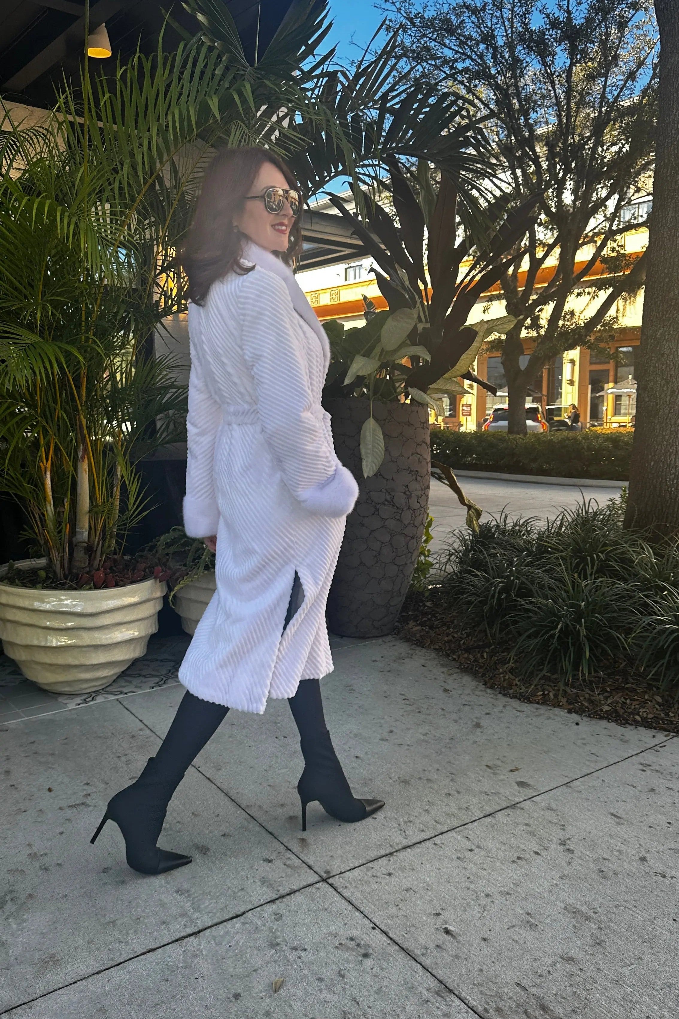 White Grooved Sheared Mink Coat