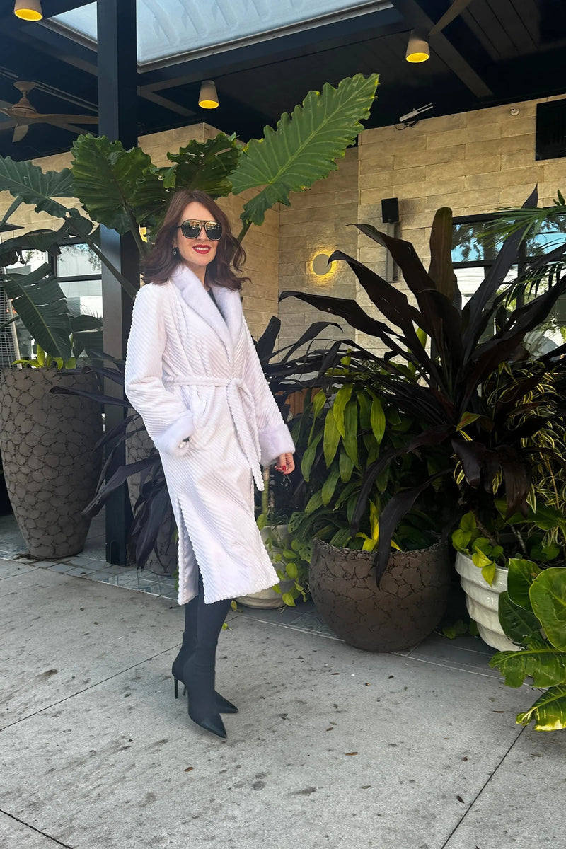 White Grooved Sheared Mink Coat