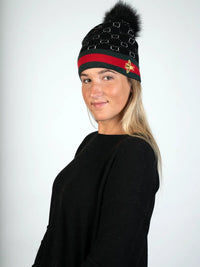 LaBelle New Collections Black Knitted Hat w/ Bee and Pom