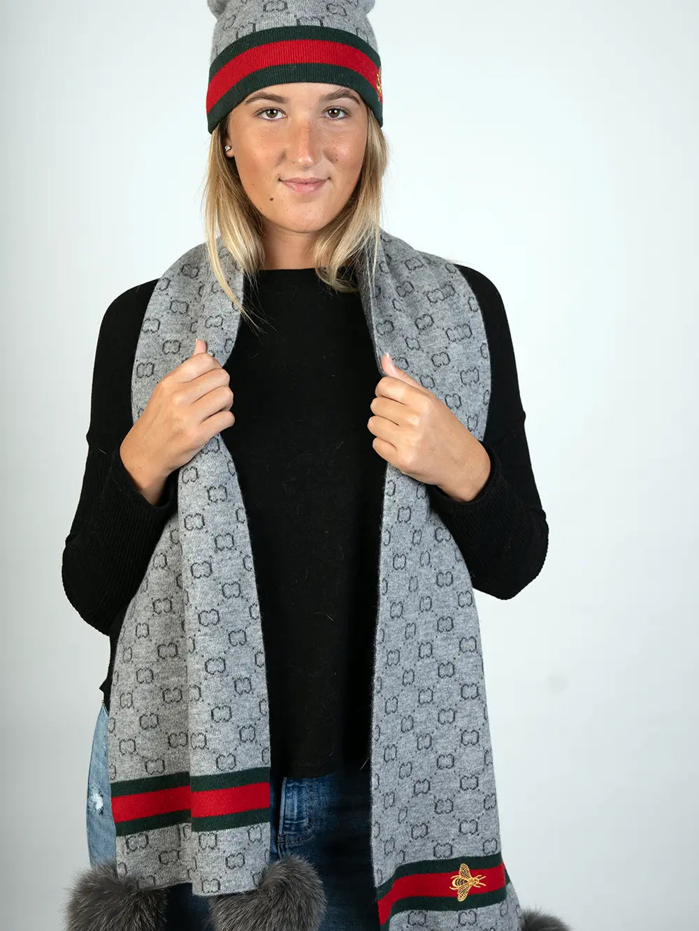 LaBelle New Collections Grey Knitted Scarf w/ Bee and PomPoms