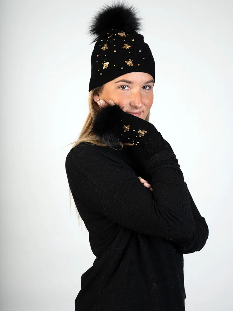 LaBelle New Collections Knitted Hat W/Bees and Beeds,FoxPoms