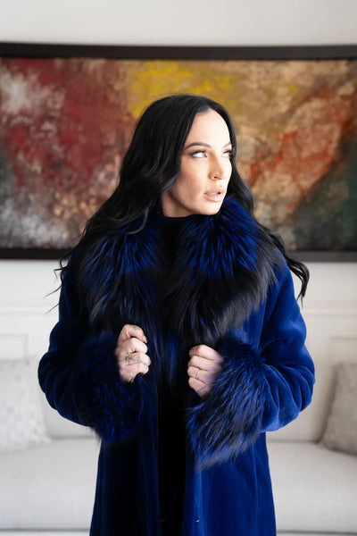 Blue Sheared Mink Stroller W/Blue Dyed Silver Fox Shawl Collar