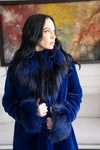 Blue Sheared Mink Stroller W/Blue Dyed Silver Fox Shawl Collar & Cuffs