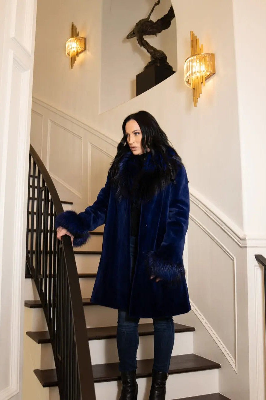 Blue Sheared Mink Stroller W/Blue Dyed Silver Fox Shawl Collar
