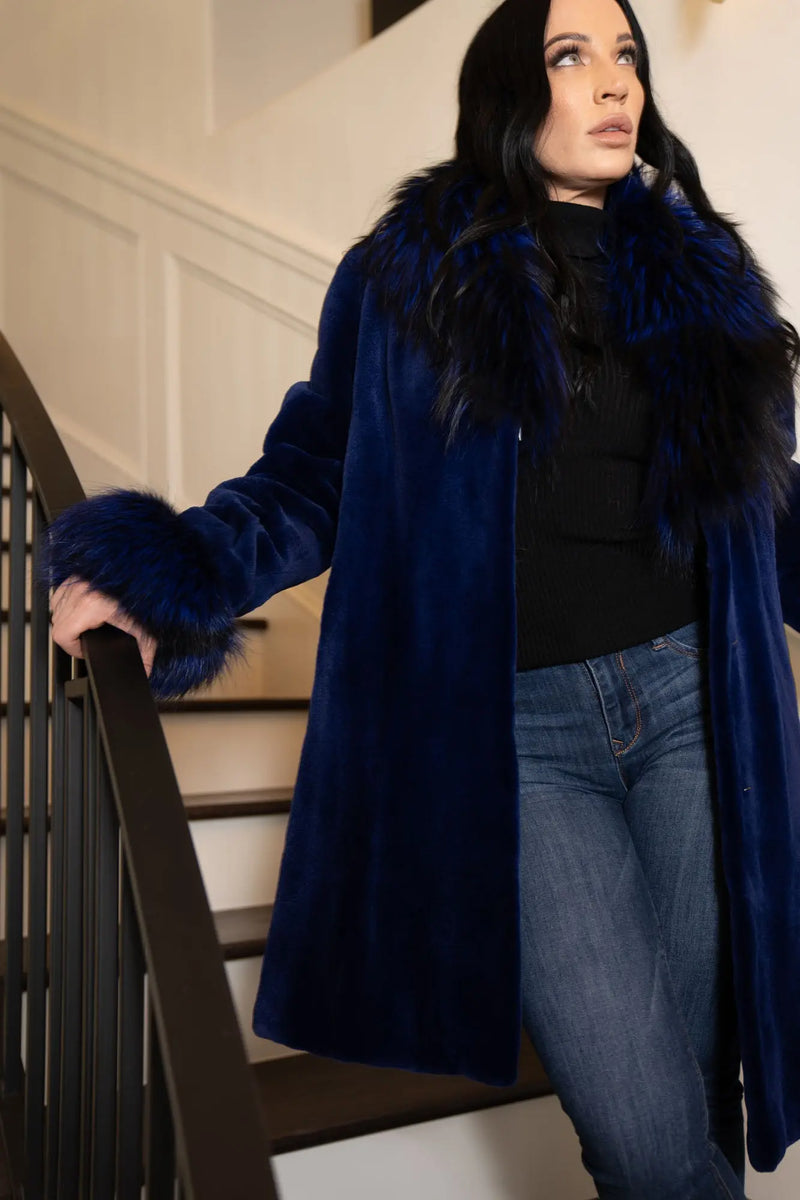 LaBelle Since 1919 Blue Sheared Mink Stroller W/Blue Dyed Silver Fox Shawl Collar & Cuffs