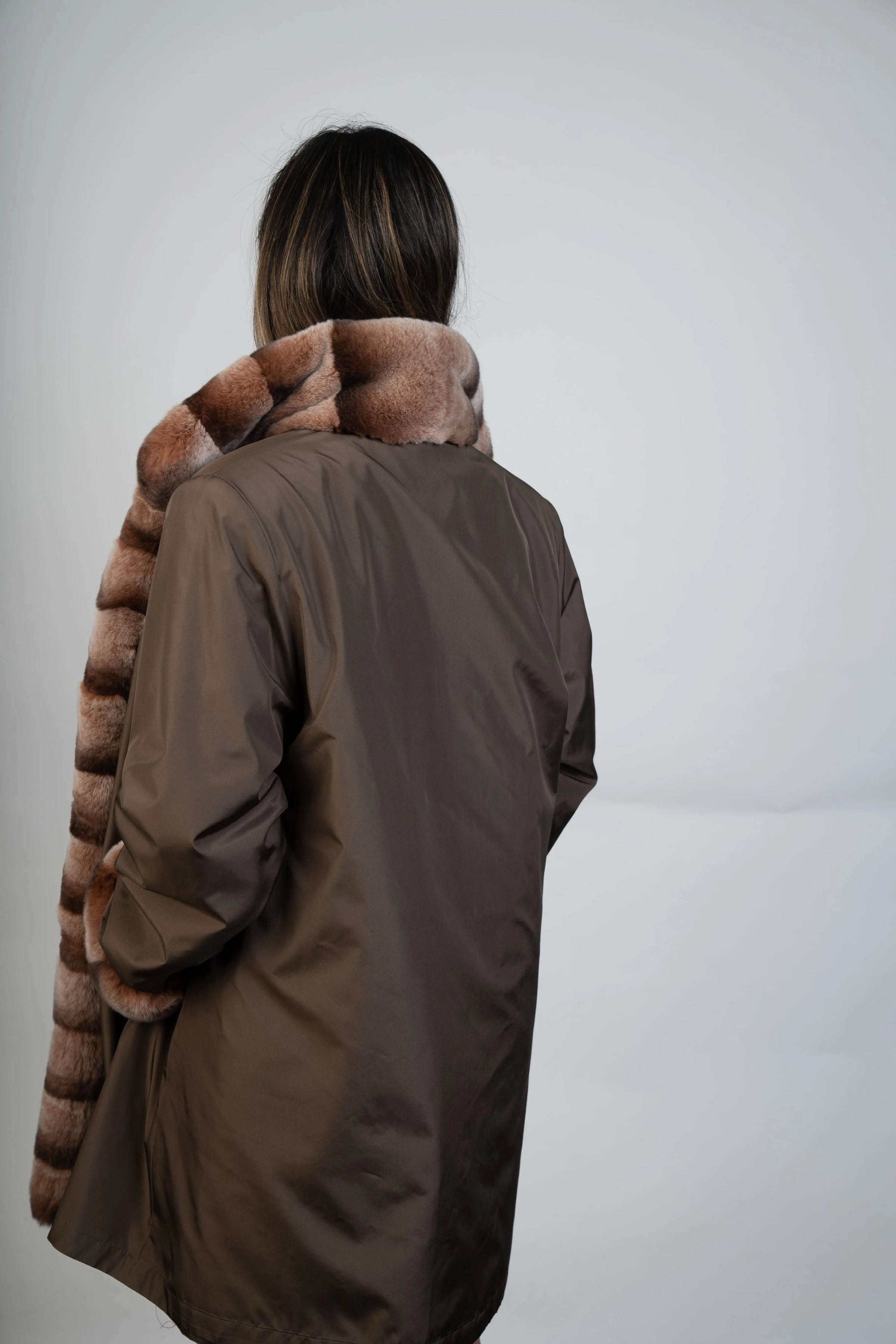 Beige/Brown Reversible Taffeta Raincoat with Rex Rabbit Trim