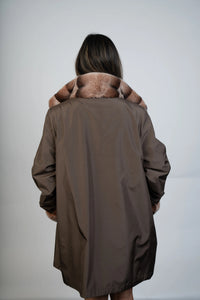 Beige/Brown Reversible Taffeta Raincoat with Rex Rabbit Trim