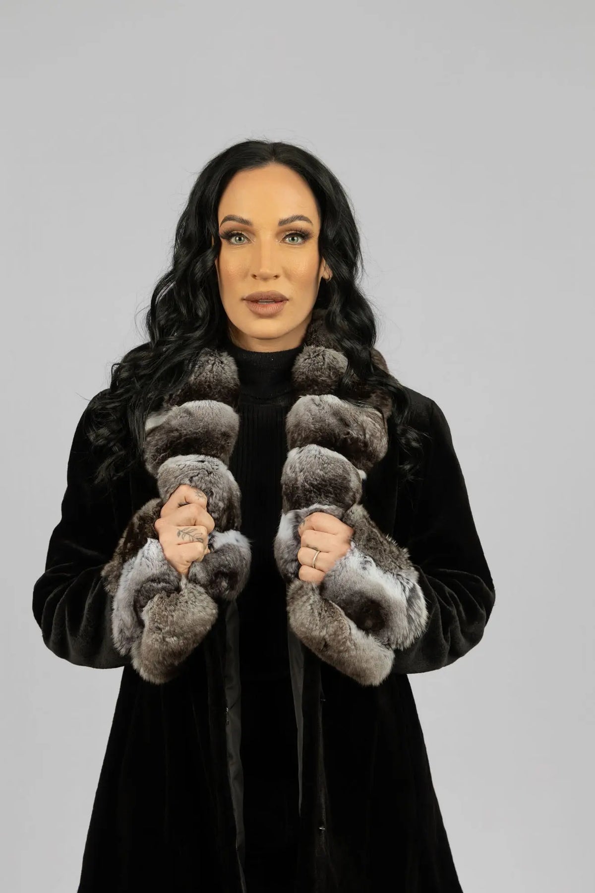 Black Sheared Mink Jacket w/ Chinchilla Trim and Cuffs