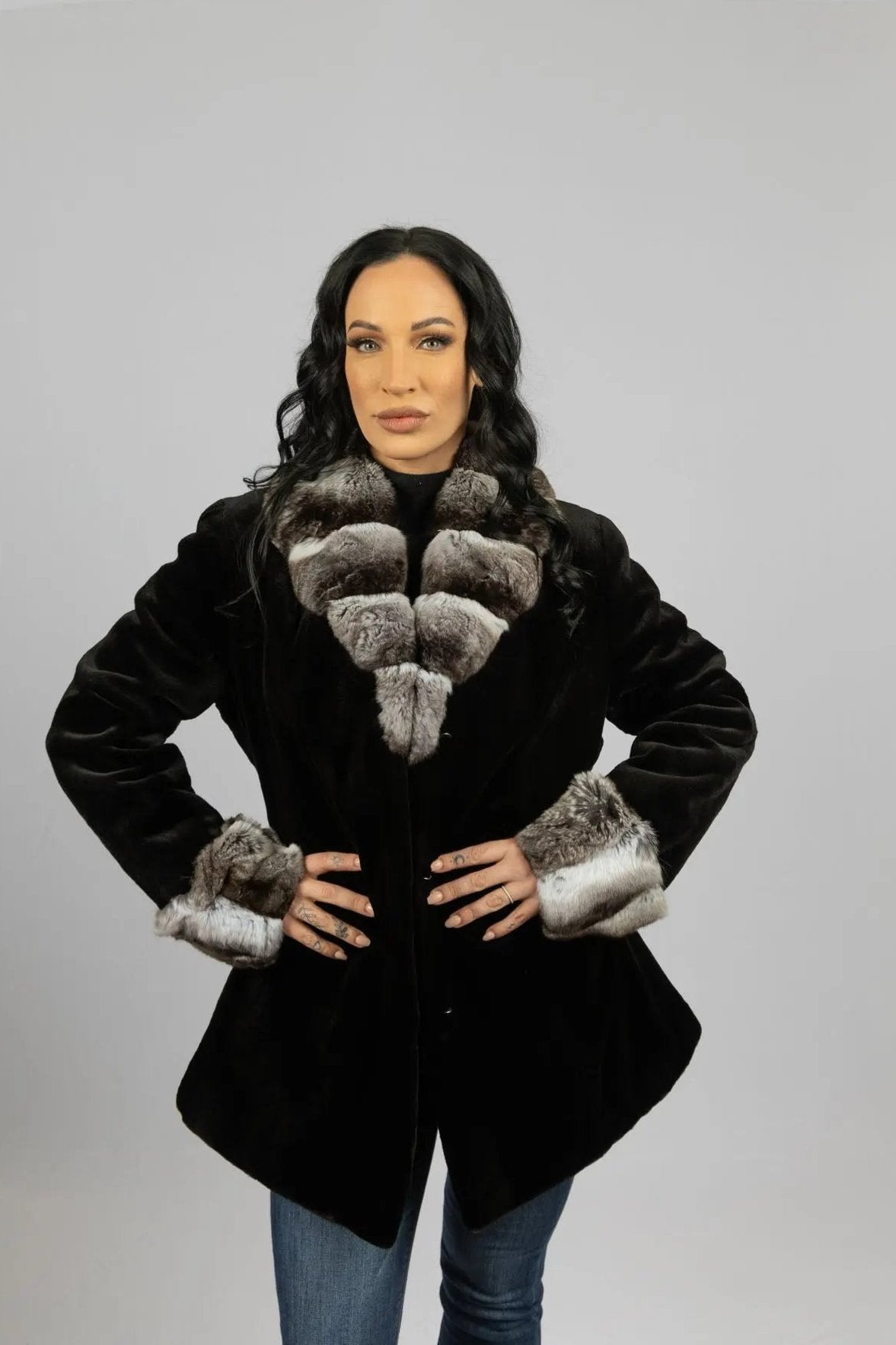 Black Sheared Mink Jacket w/ Chinchilla Trim and Cuffs