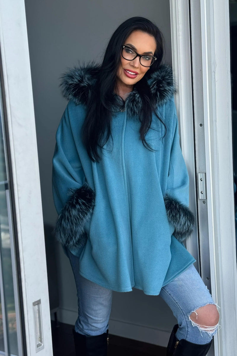 Aqua Wool & Cashmere Cape w/ Fox Trim