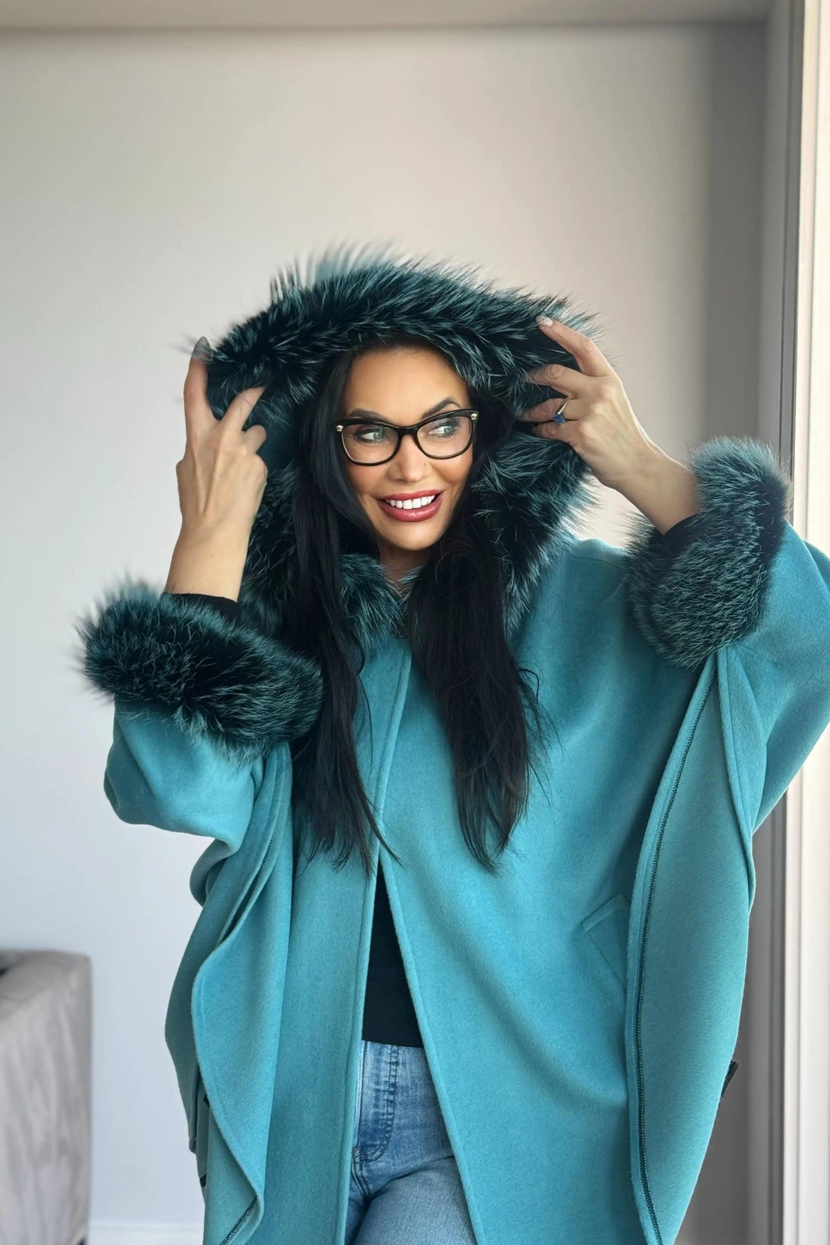 Aqua Wool & Cashmere Cape w/ Fox Trim