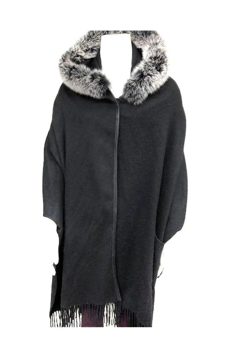 Black Cashmere Scarf with Fox Hood